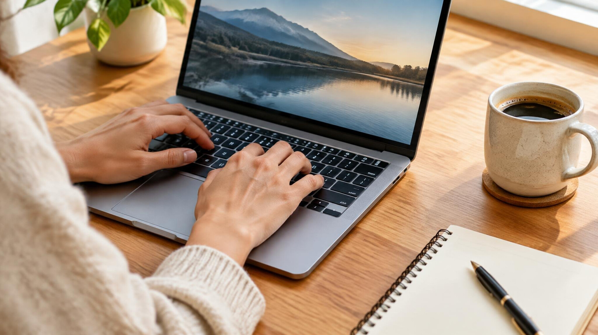 Person typing on a laptop at a desk with a coffee cup